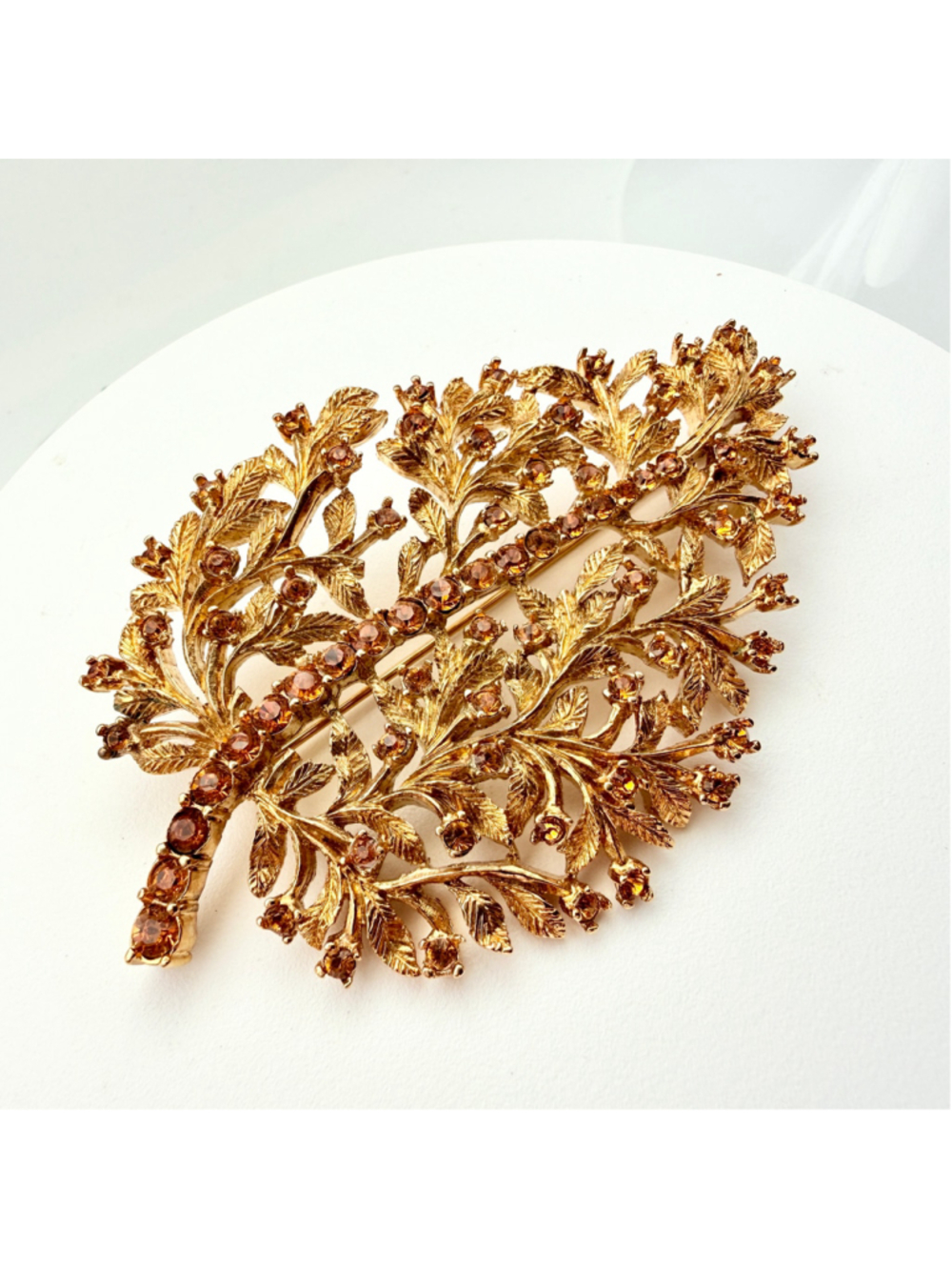 Vintage Coro Thailand Amber Rhinestone Floral Leaf Brooch Gold Tone Statement - Picture 5 of 8